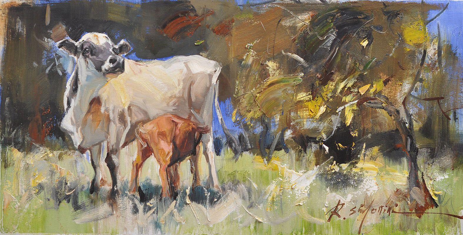 Ray Simonini, Annabelle and Grace, peinture à l'huile sur toile, 12x24, Pasture de vache