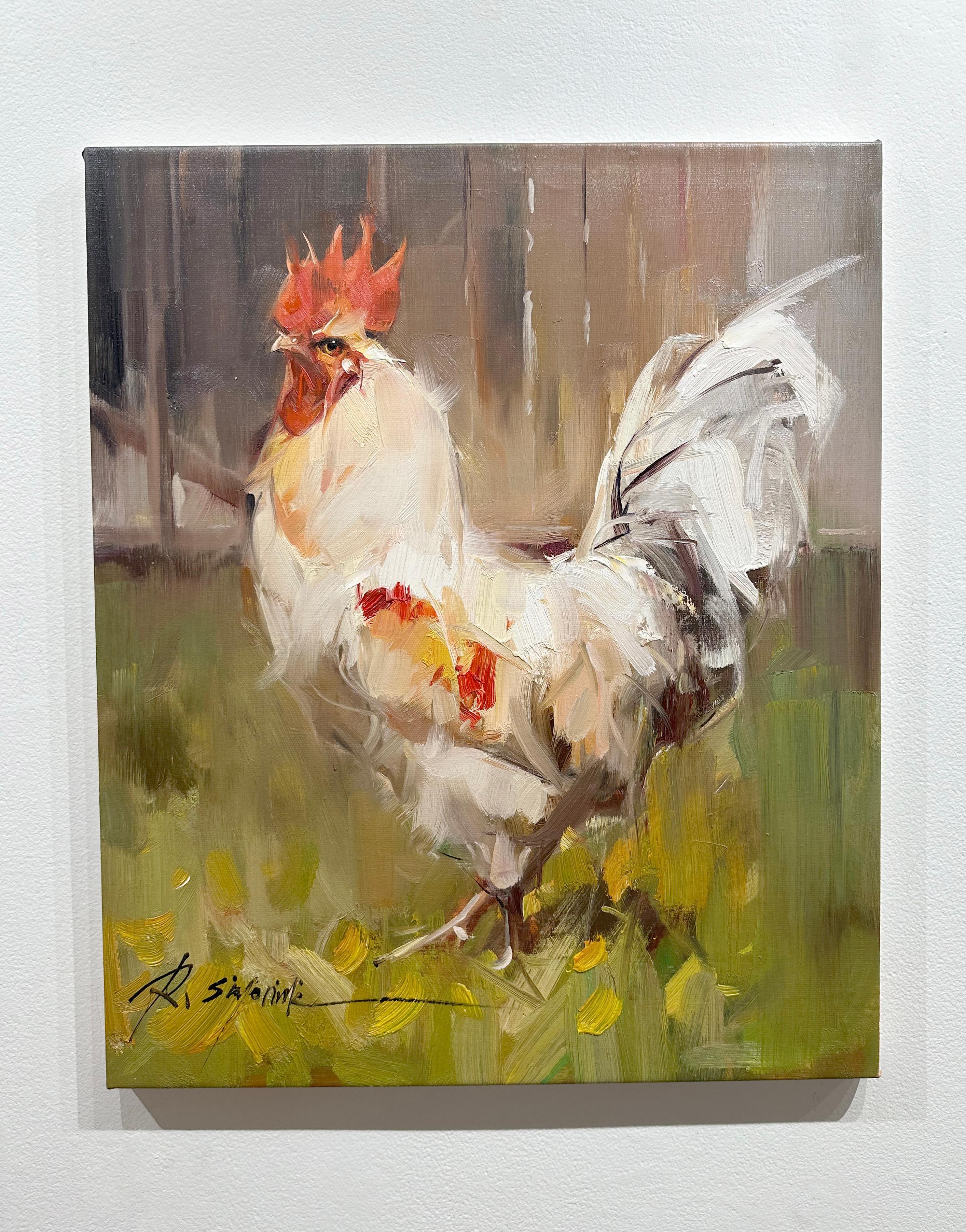 Ray Simonini, „Bowie“, 24x20, Impressionistisches Ölgemälde mit weißem Hahn, Bauernhof-Tier, Weiß im Angebot 1
