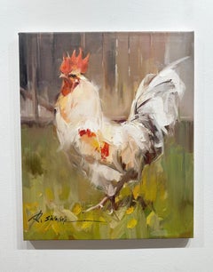 Ray Simonini, "Bowie" 24x20 Farm Animal Impressionist White Rooster Oil Painting