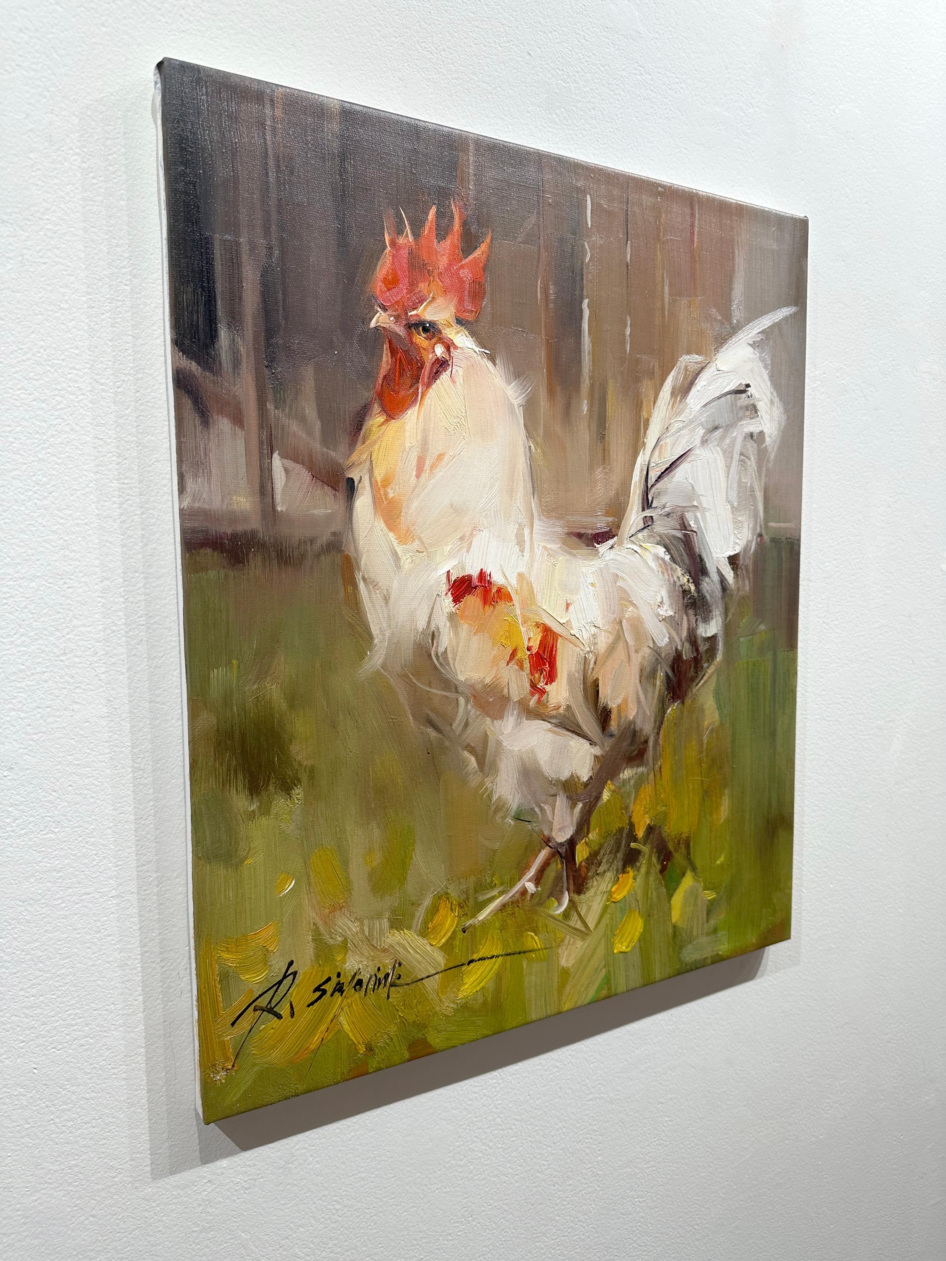 Ray Simonini, „Bowie“, 24x20, Impressionistisches Ölgemälde mit weißem Hahn, Bauernhof-Tier, Weiß im Angebot 2