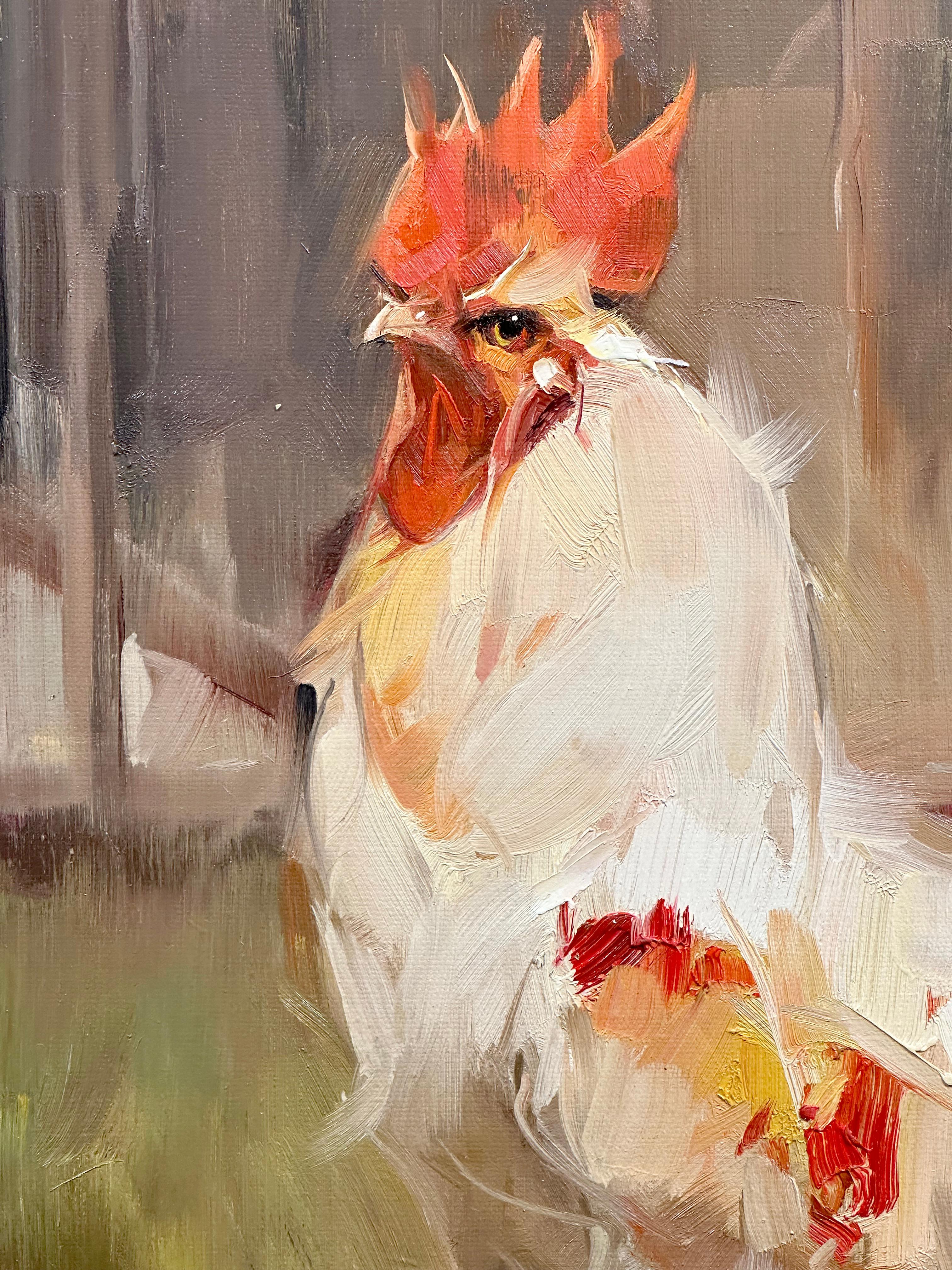 Ray Simonini, „Bowie“, 24x20, Impressionistisches Ölgemälde mit weißem Hahn, Bauernhof-Tier, Weiß im Angebot 4