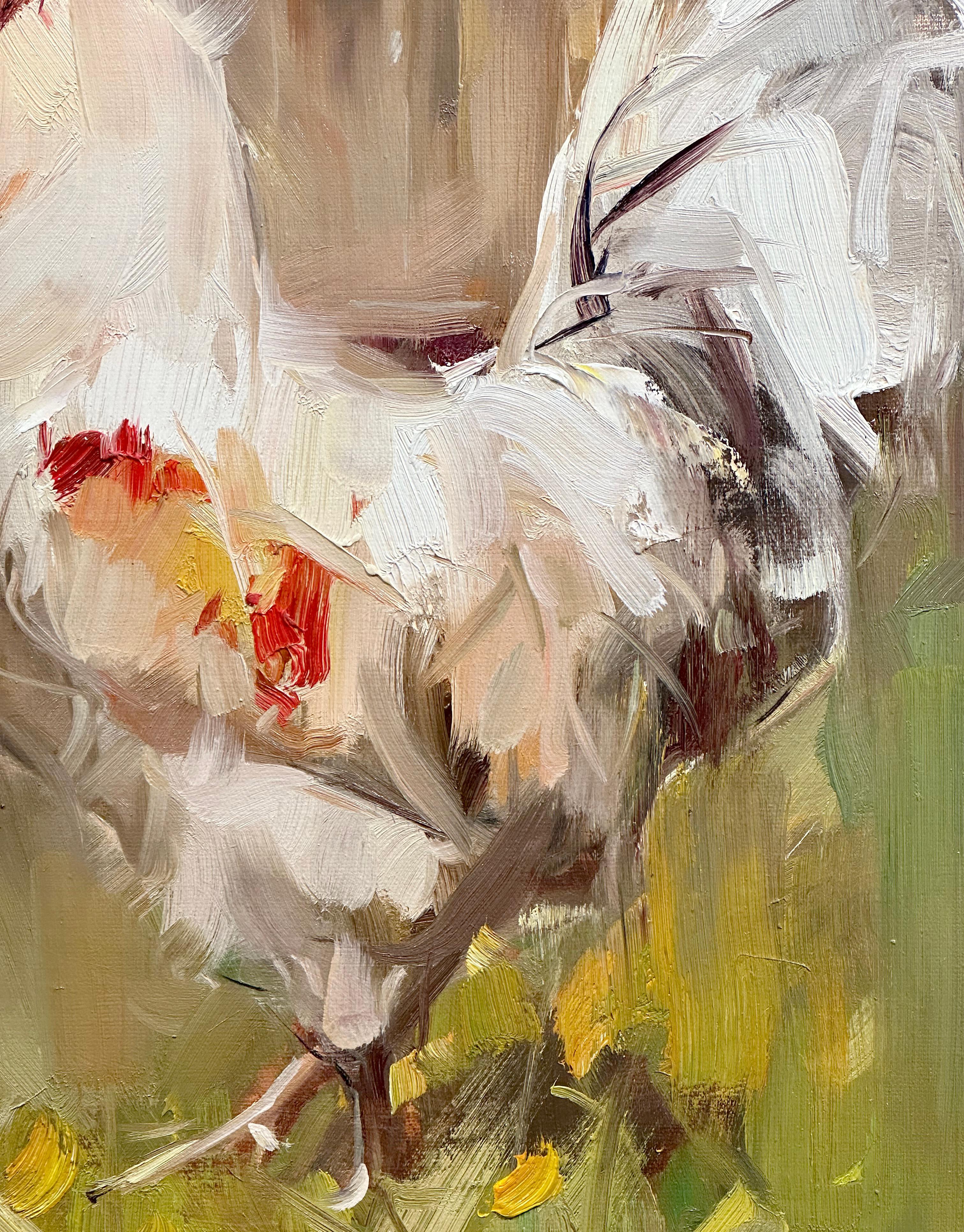 Ray Simonini, „Bowie“, 24x20, Impressionistisches Ölgemälde mit weißem Hahn, Bauernhof-Tier, Weiß im Angebot 5