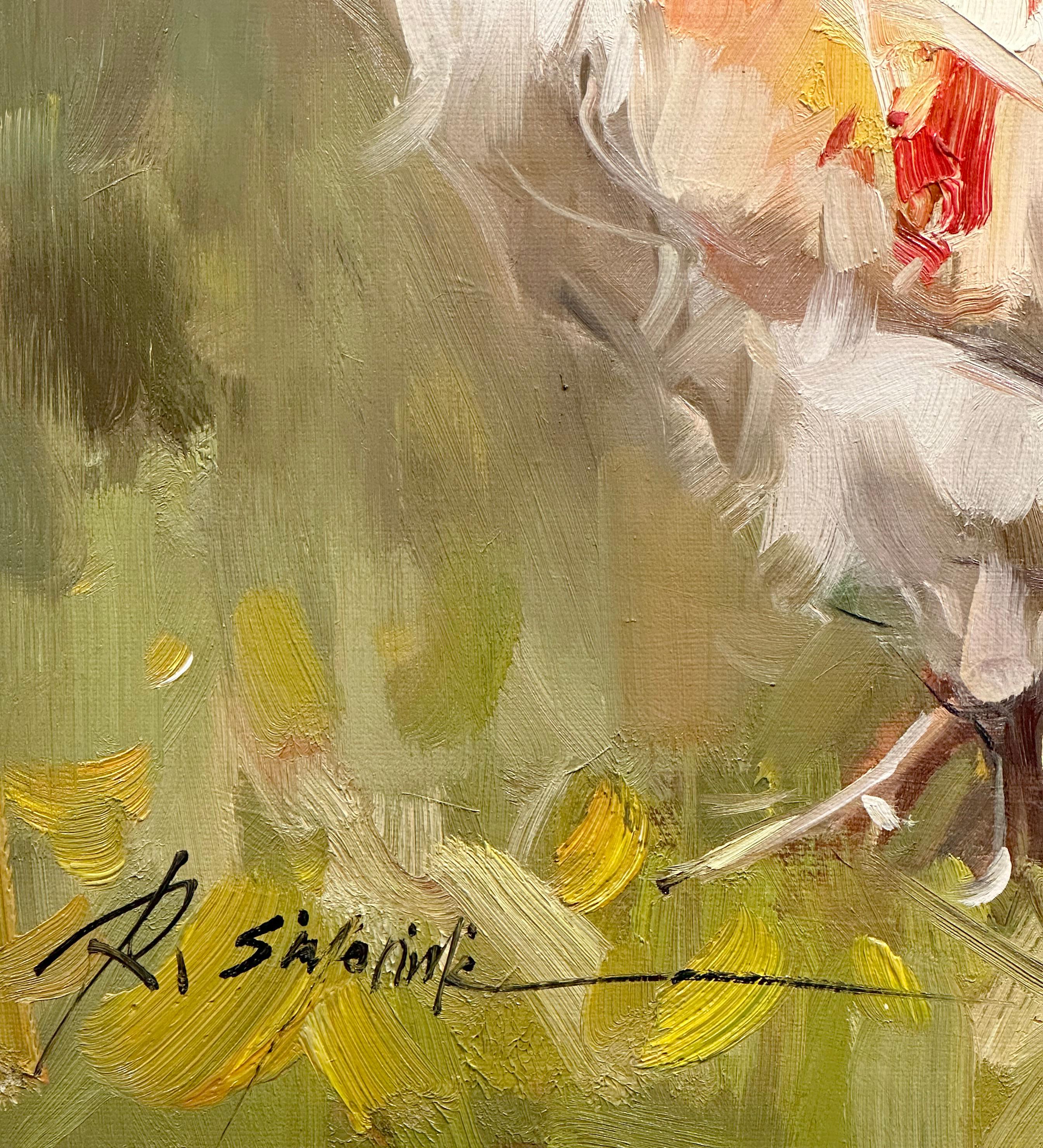 Ray Simonini, „Bowie“, 24x20, Impressionistisches Ölgemälde mit weißem Hahn, Bauernhof-Tier, Weiß im Angebot 6
