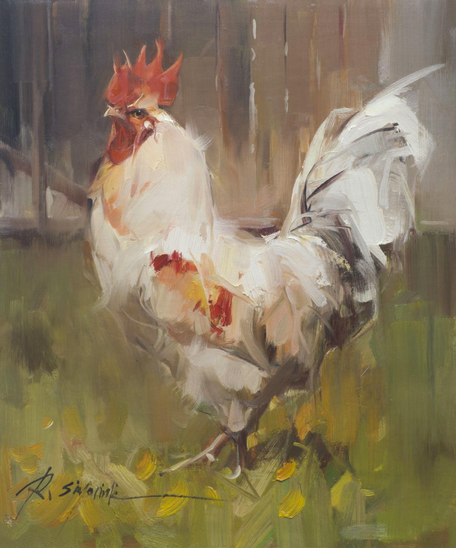 This painting by artist Ray Simonini titled "Bowie" is a 24x20 farm animal oil painting on canvas featuring a portrait of a white rooster walking outside the barn in lush green grass. 

About the artist:
Simonini was born in China in 1981. He became