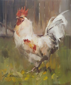 Ray Simonini, "Bowie" 24x20 Farm Animal Impressionist White Rooster Oil Painting