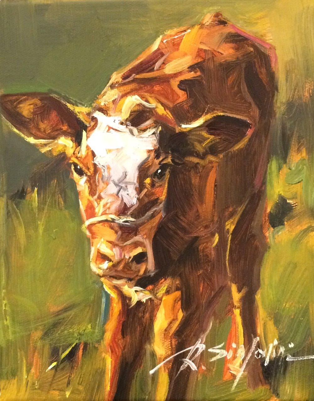 This painting by artist Ray Simonini titled "Cinnamon" is a 10x8 farm animal oil painting on canvas featuring a portrait of a cinnamon colored cow against a colorful green background. Afternoon sunlight wraps the cow's hide in a warm glow. 

About