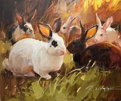 Ray Simonini, „Cottontail Rendezvous“, „Cottontail Rendezvous“, 20x24 Bunny Kaninchen, Ölgemälde auf Leinwand