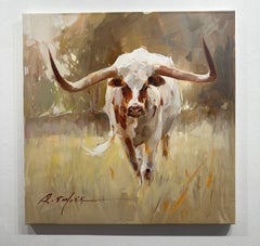 Ray Simonini, "Dante" 24x24 Long Horn Bull Oil Painting on Canvas