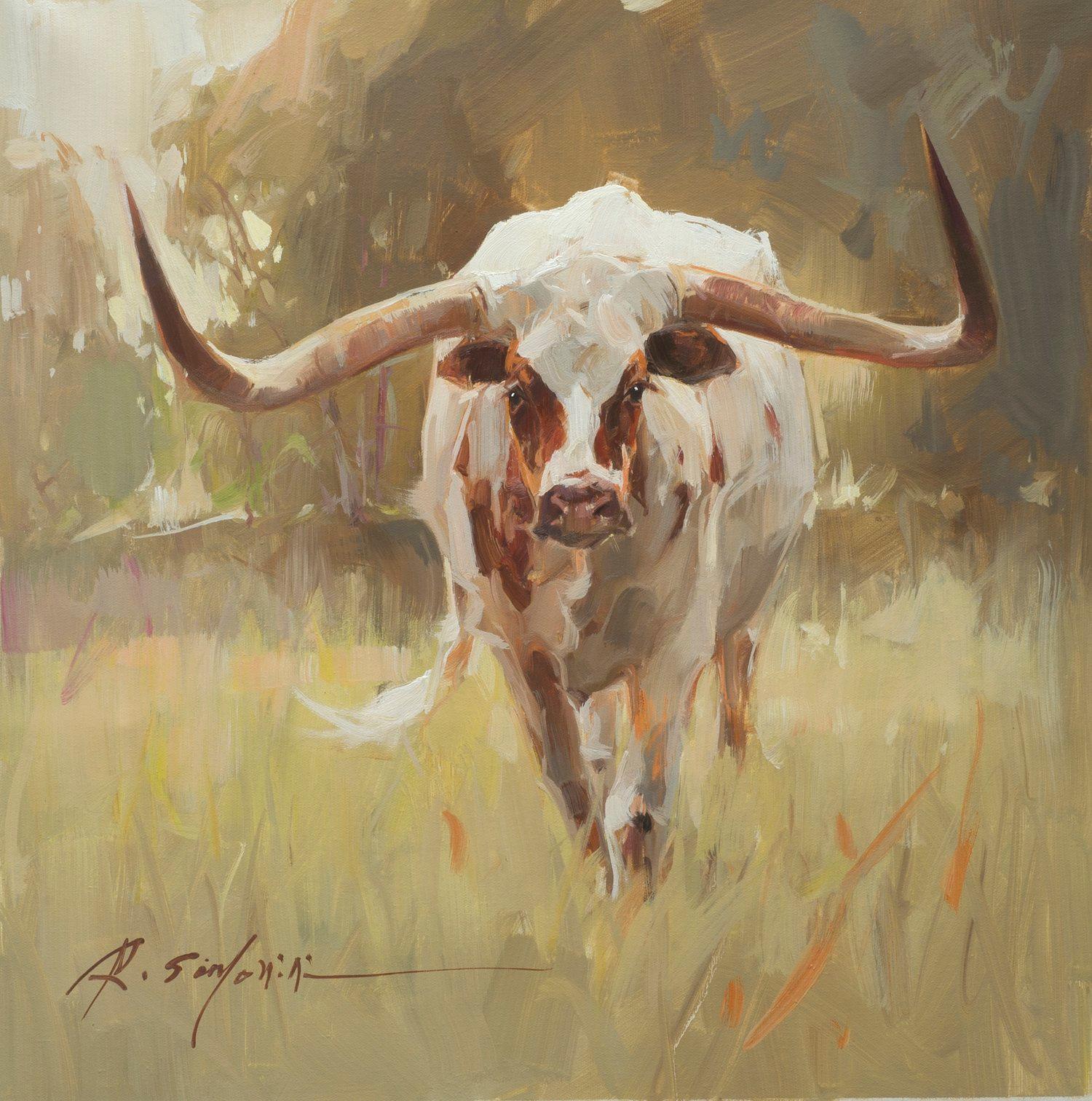 This painting by artist Ray Simonini titled "Dante" is a 24x24 oil painting on canvas featuring a portrait of a long horned bull standing facing forward. Soft light from an afternoon sun glows warm through the field of grass and trees behind.