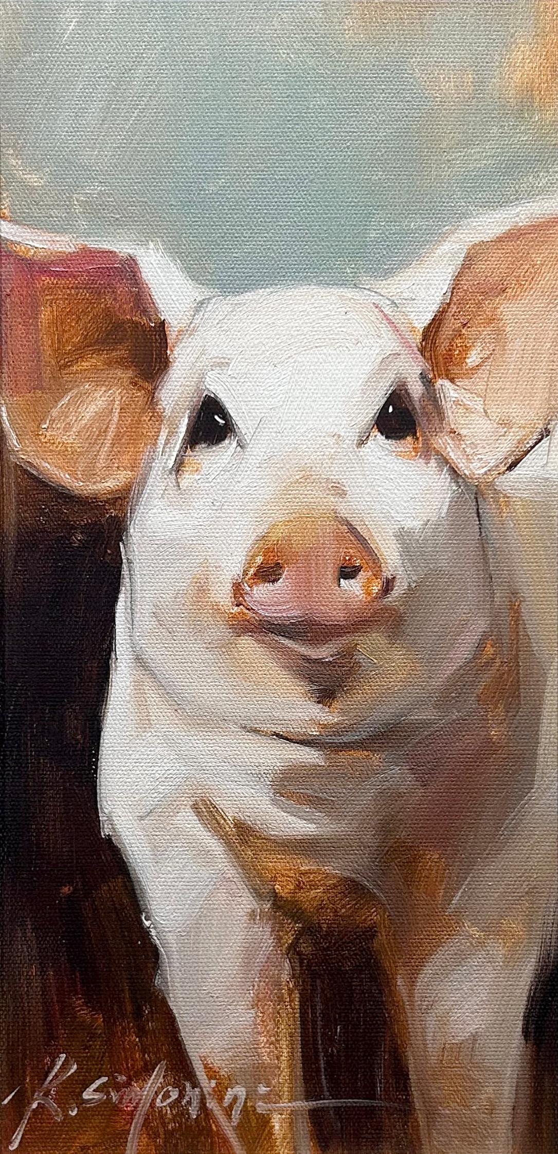 This painting by artist Ray Simonini titled "Emmett" is a 16x8 farm animal oil painting on canvas featuring a portrait of a pink pig against a colorful background. 

About the artist:
Simonini was born in China in 1981. He became intrigued by
