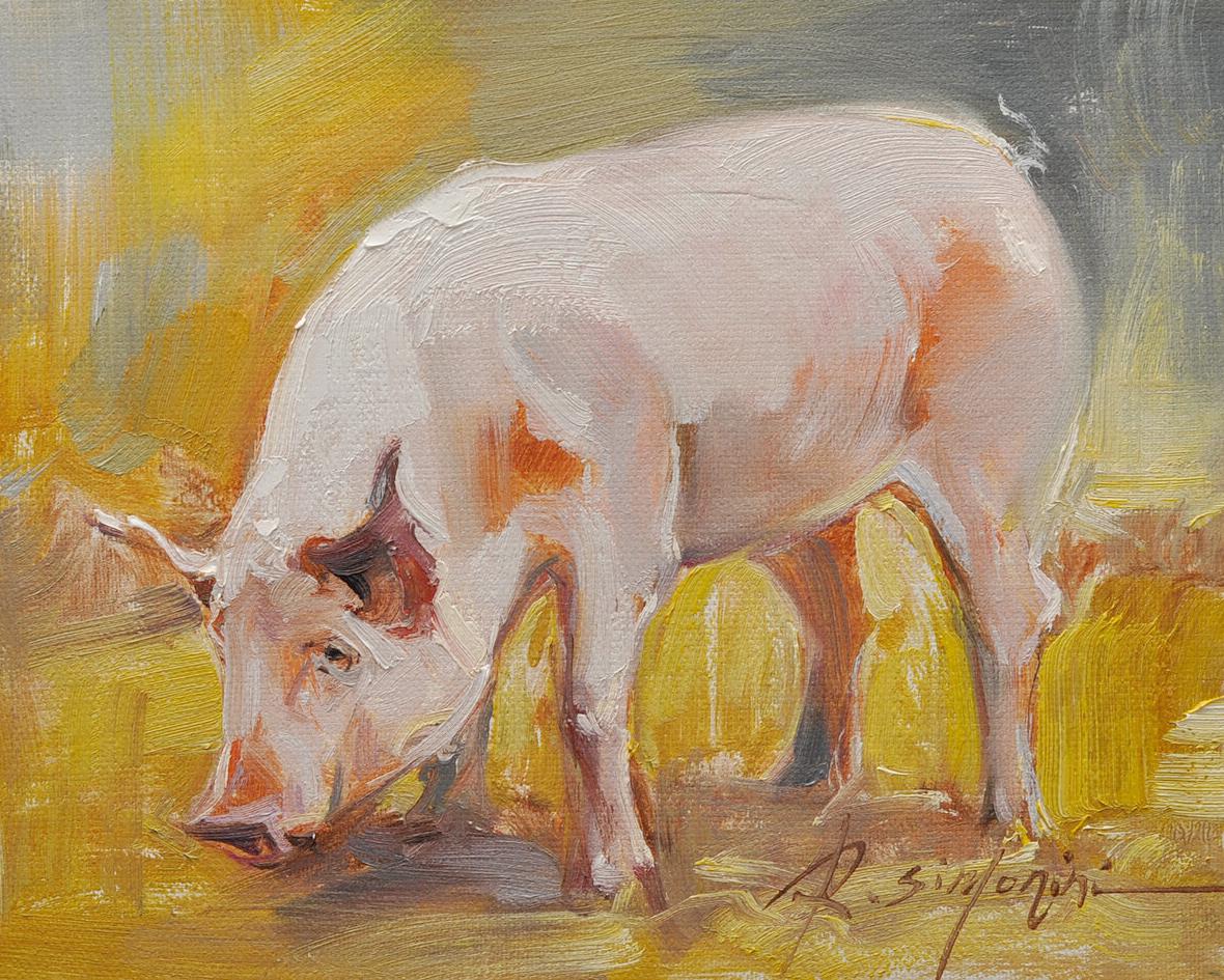 This painting by artist Ray Simonini titled "Ethel" is a 8x10 farm animal oil painting on canvas featuring a portrait of a pink pig against a colorful background. 

About the artist:
Simonini was born in China in 1981. He became intrigued by