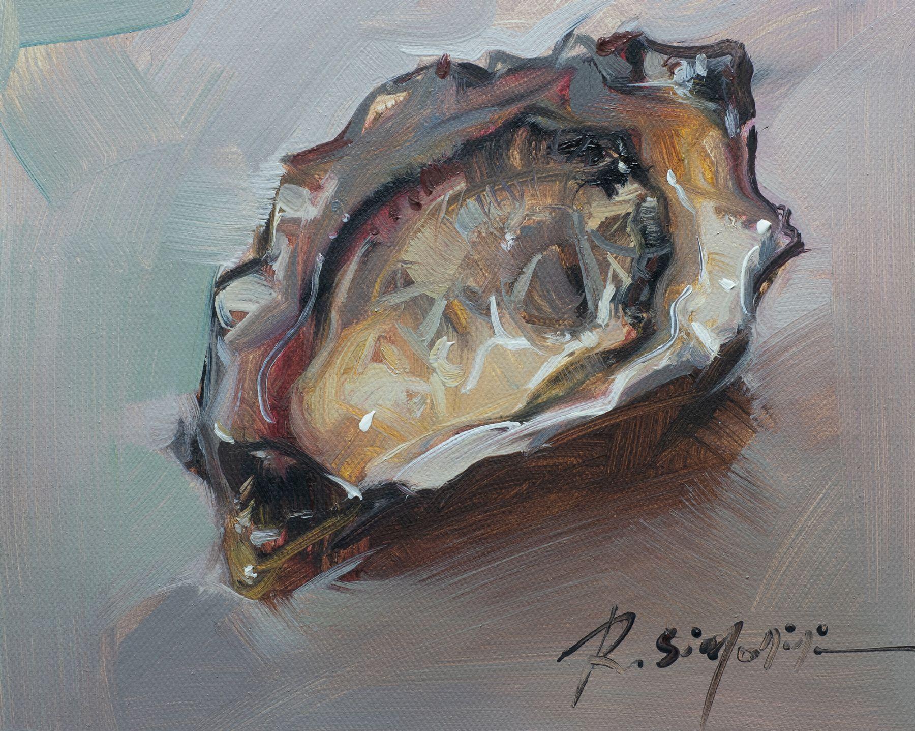 Ray Simonini "Appena sgusciato" 8x10 Pittura a olio impressionista con guscio d'ostrica