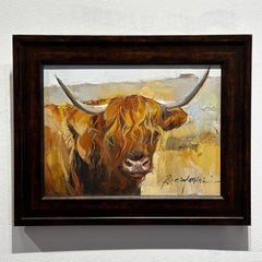Ray Simonini "Hank" 12x16 Highland Brown Cattle Farm Oil Painting on Canvas
