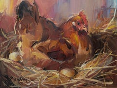 Ray Simonini, "Henrietta" 12x16 Pittura ad olio impressionista di animali da fattoria con pollo