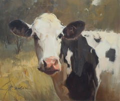 Ray Simonini „Jasmine“ 20x24 Schwarzes und weißes Holstein-Kuh-Porträt Ölgemälde