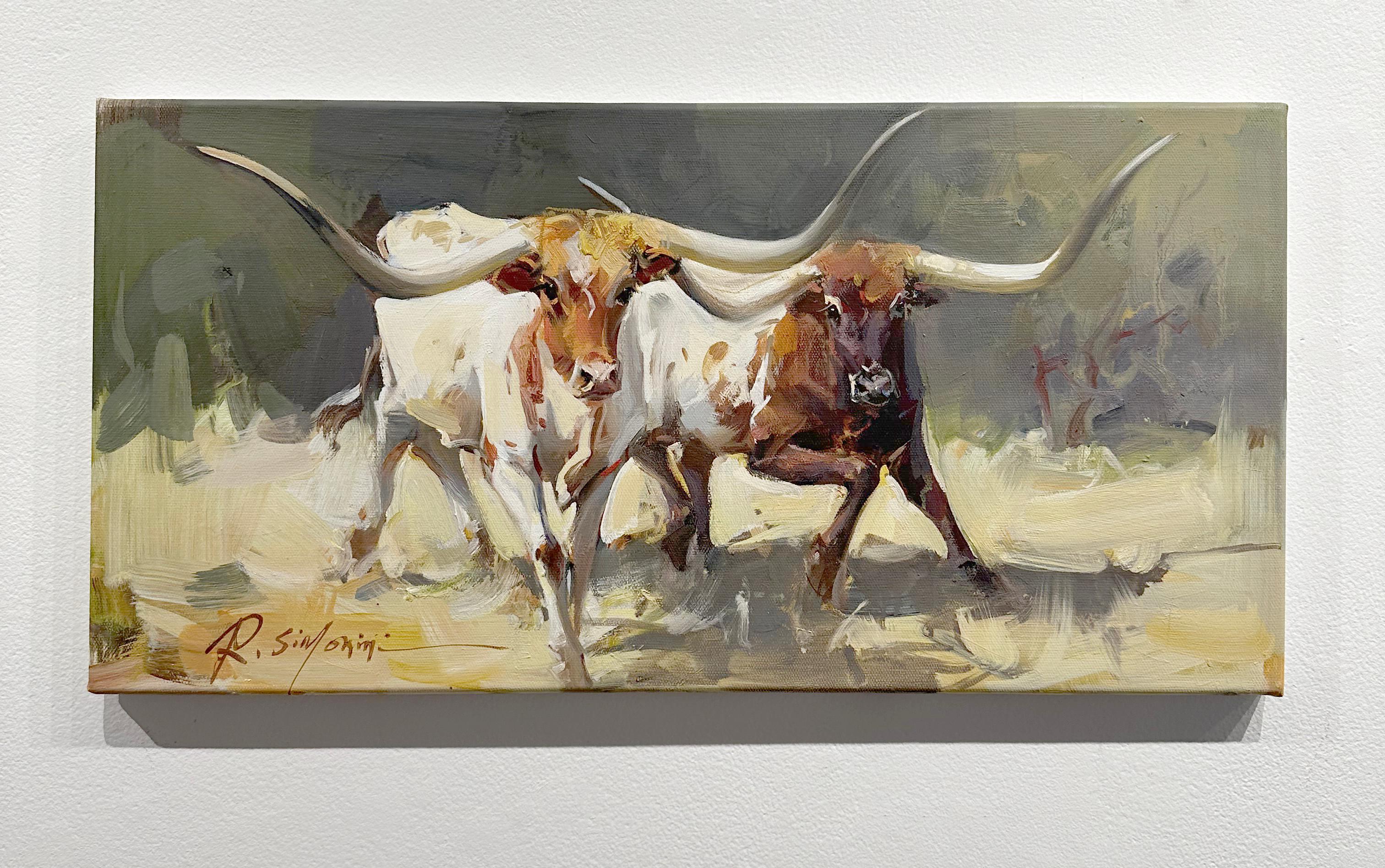 Ray Simonini, „Long Horn“, 12x24 Stierporträt, Ölgemälde im Angebot 1