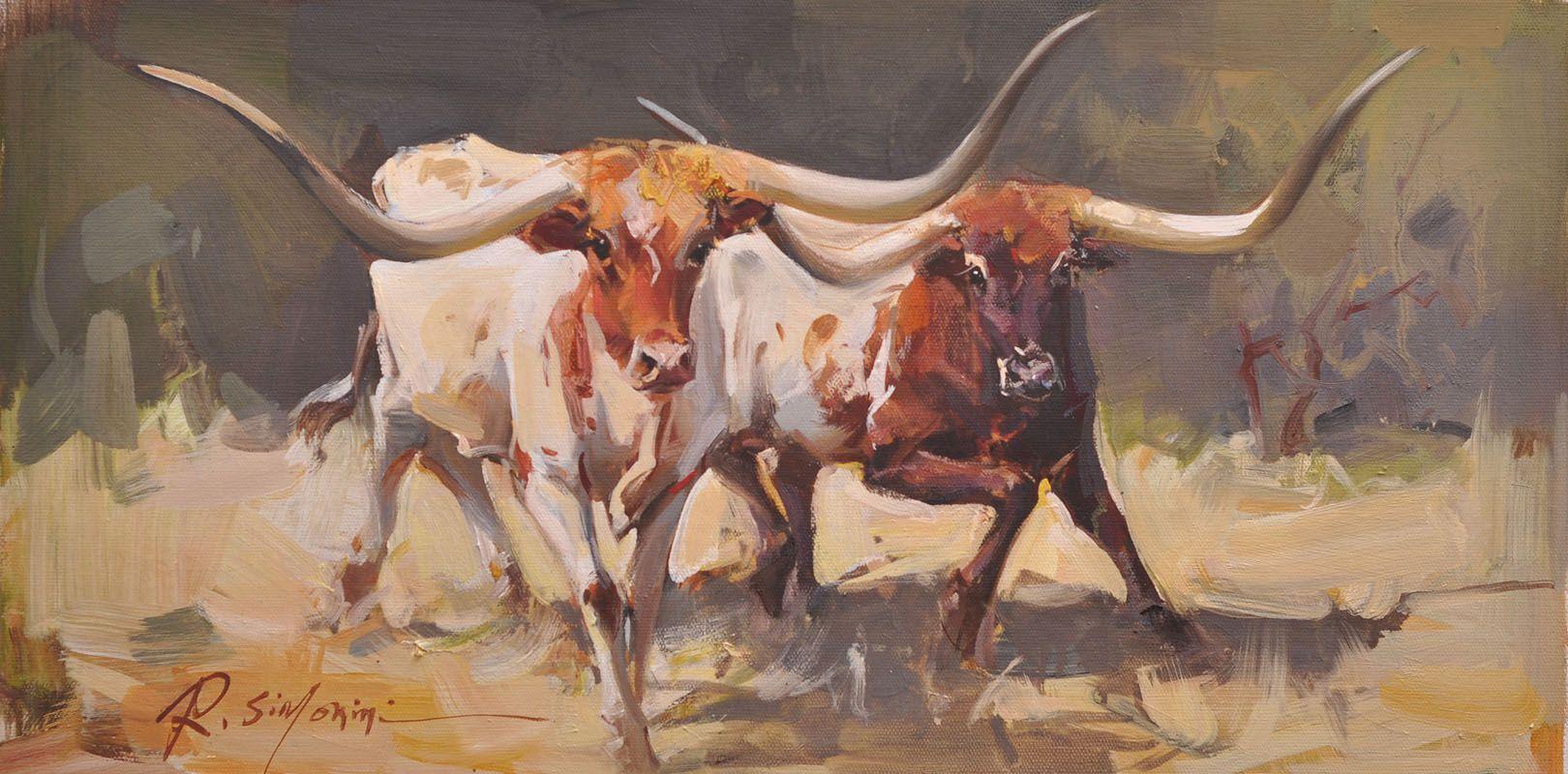 This painting by artist Ray Simonini titled "Long Horn" is a 12x24 oil painting on canvas featuring a portrait of a white and brown longhorns running in a field.

About the artist:
Simonini was born in China in 1981. He became intrigued by