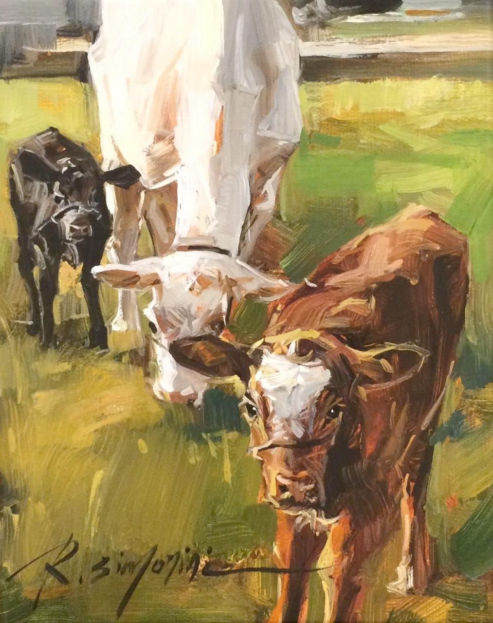 This painting by artist Ray Simonini titled "Looking at You" is a 10x8 farm animal oil painting on canvas featuring a three grazing cows in the pasture against lush colorful grass.  The cows are brown, white, and black.

About the artist:
Simonini