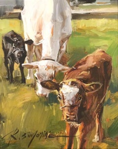 Ray Simonini, "Mirándote" 8x10 Pintura al óleo impresionista de animales de granja vacuna