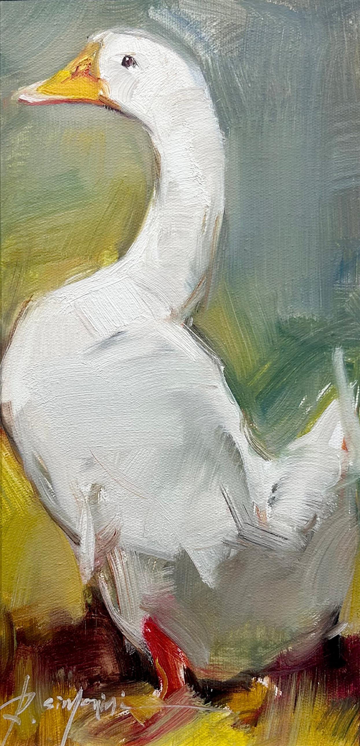 This painting by artist Ray Simonini titled "Lucy" is a 16x8 farm animal oil painting on canvas featuring a portrait of a white goose against a colorful background. 

About the artist:
Simonini was born in China in 1981. He became intrigued by