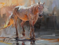 Ray Simonini, "Luna" 12x16 Peinture à l'huile impressionniste sur les chevaux et les animaux de la ferme