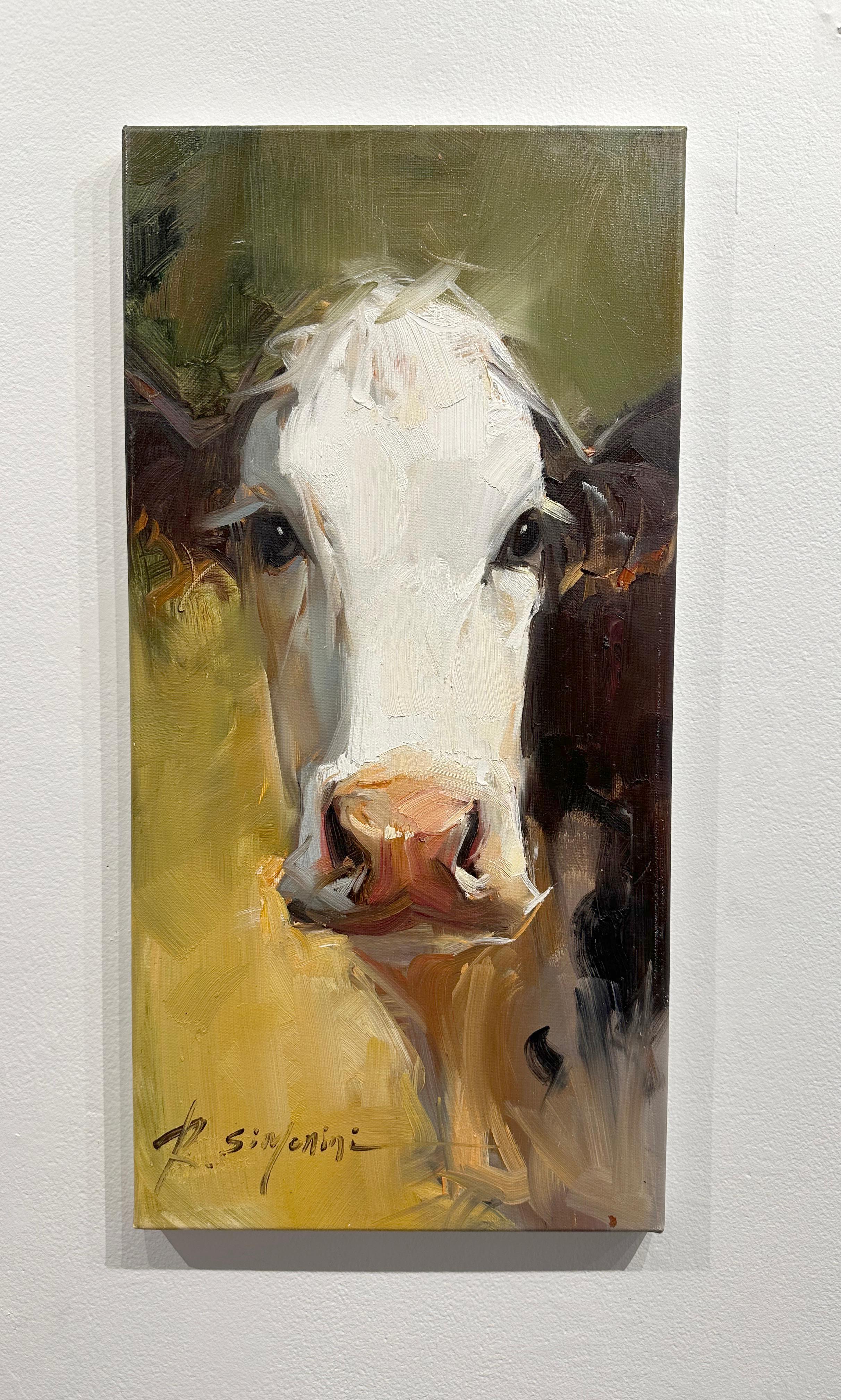 Ray Simonini, « Marine », peinture à l'huile impressionniste de portrait de vache Holstein 24x12 1
