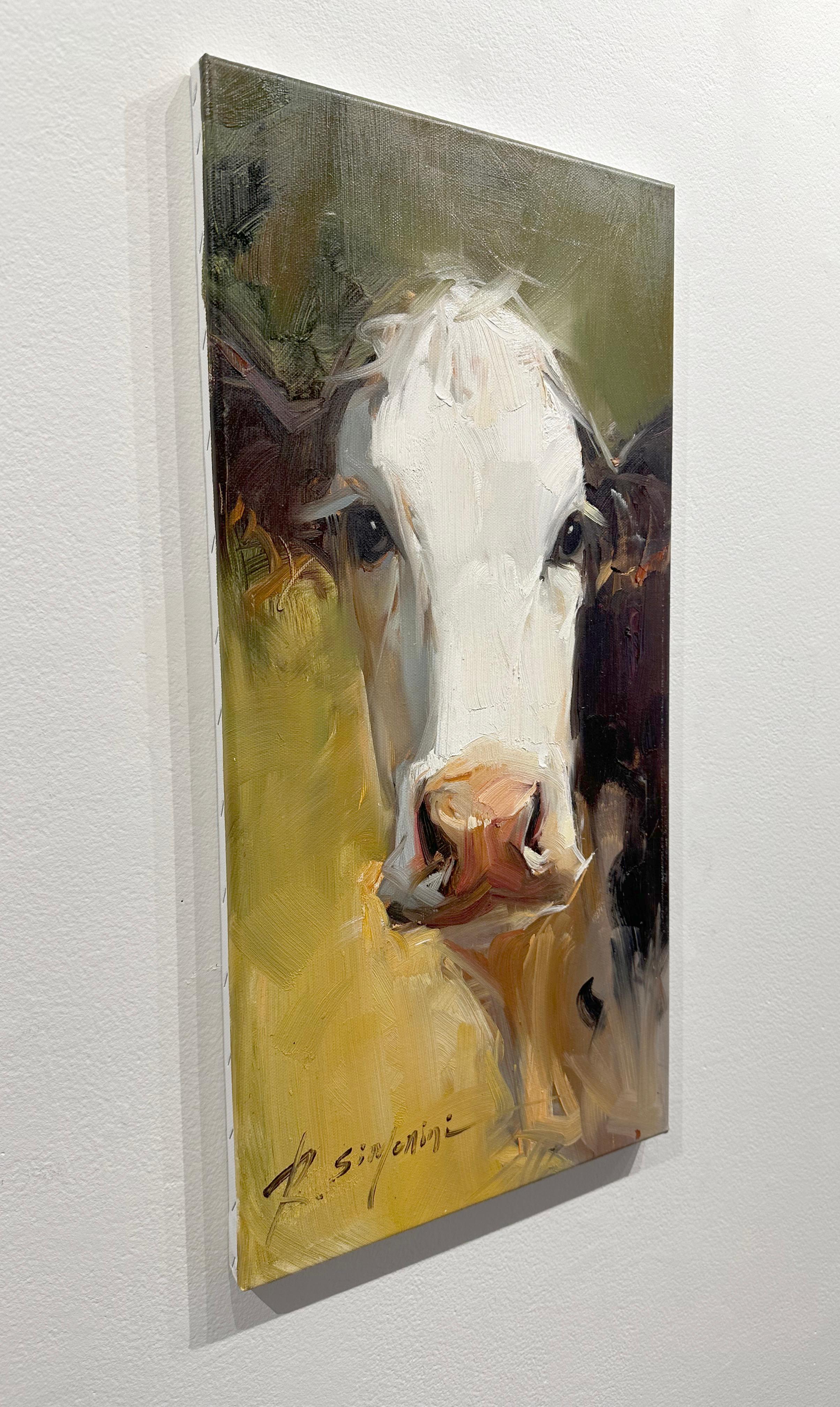 Ray Simonini, « Marine », peinture à l'huile impressionniste de portrait de vache Holstein 24x12 2