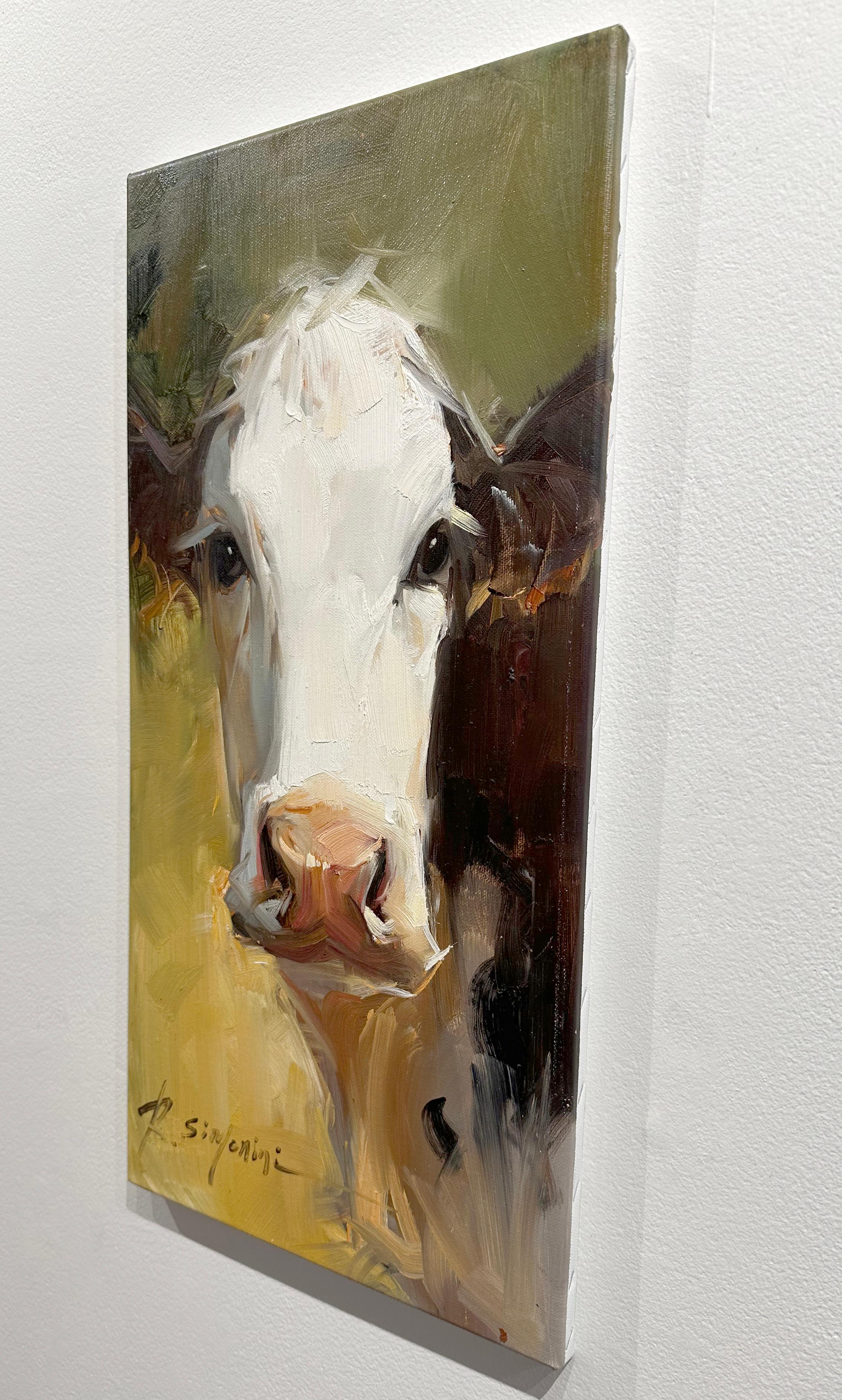 Ray Simonini, « Marine », peinture à l'huile impressionniste de portrait de vache Holstein 24x12 3