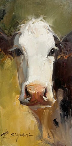 Ray Simonini, „Marie“, Impressionistisches Holstein-Kuhporträt, Ölgemälde, 24x12, Holstein