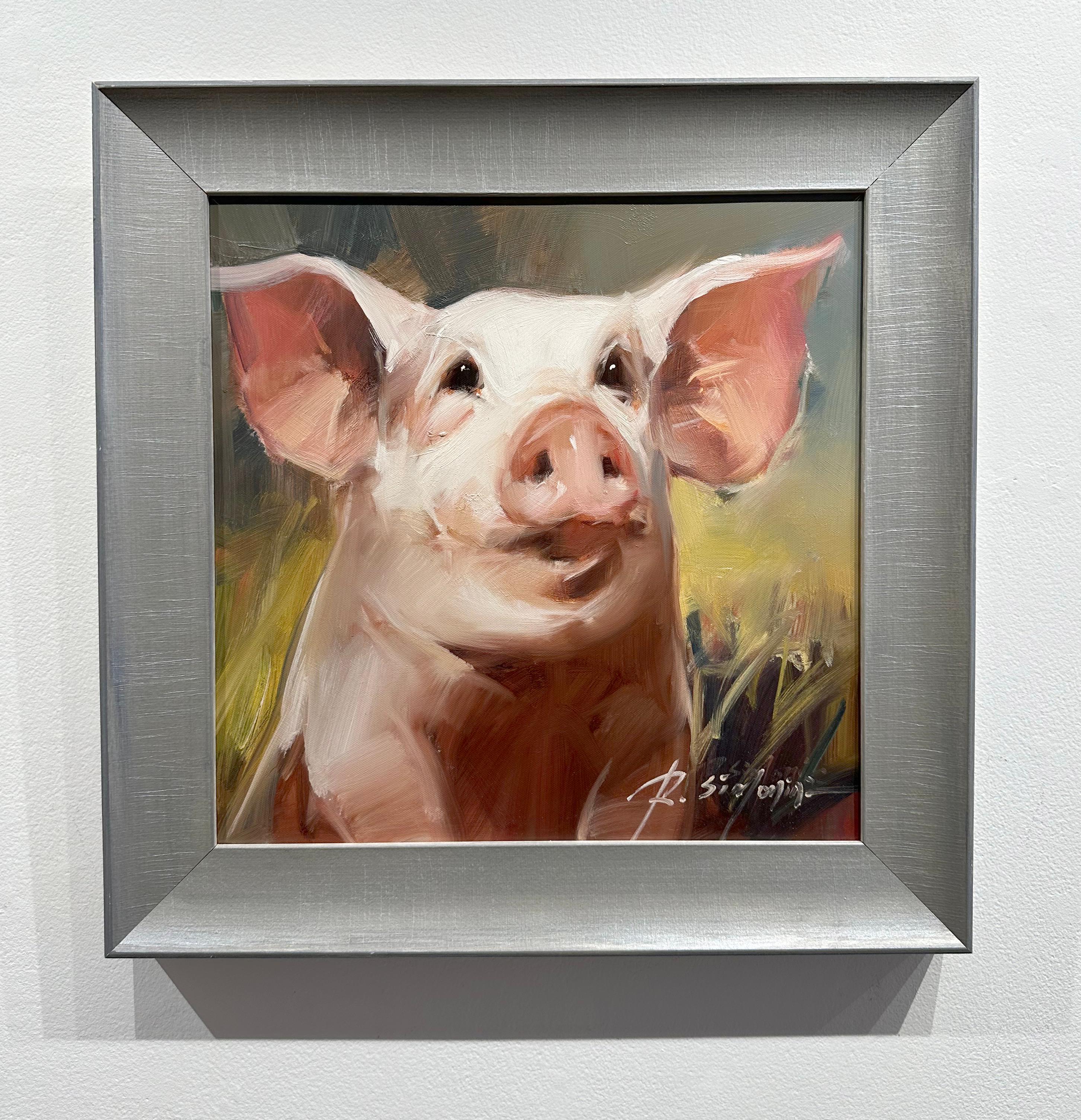 Ray Simonini, „Miranda“, Ölgemälde auf Leinwand, „Miranda“, 16x16, Farm Animal Pig, geschnittenes Ölgemälde im Angebot 1