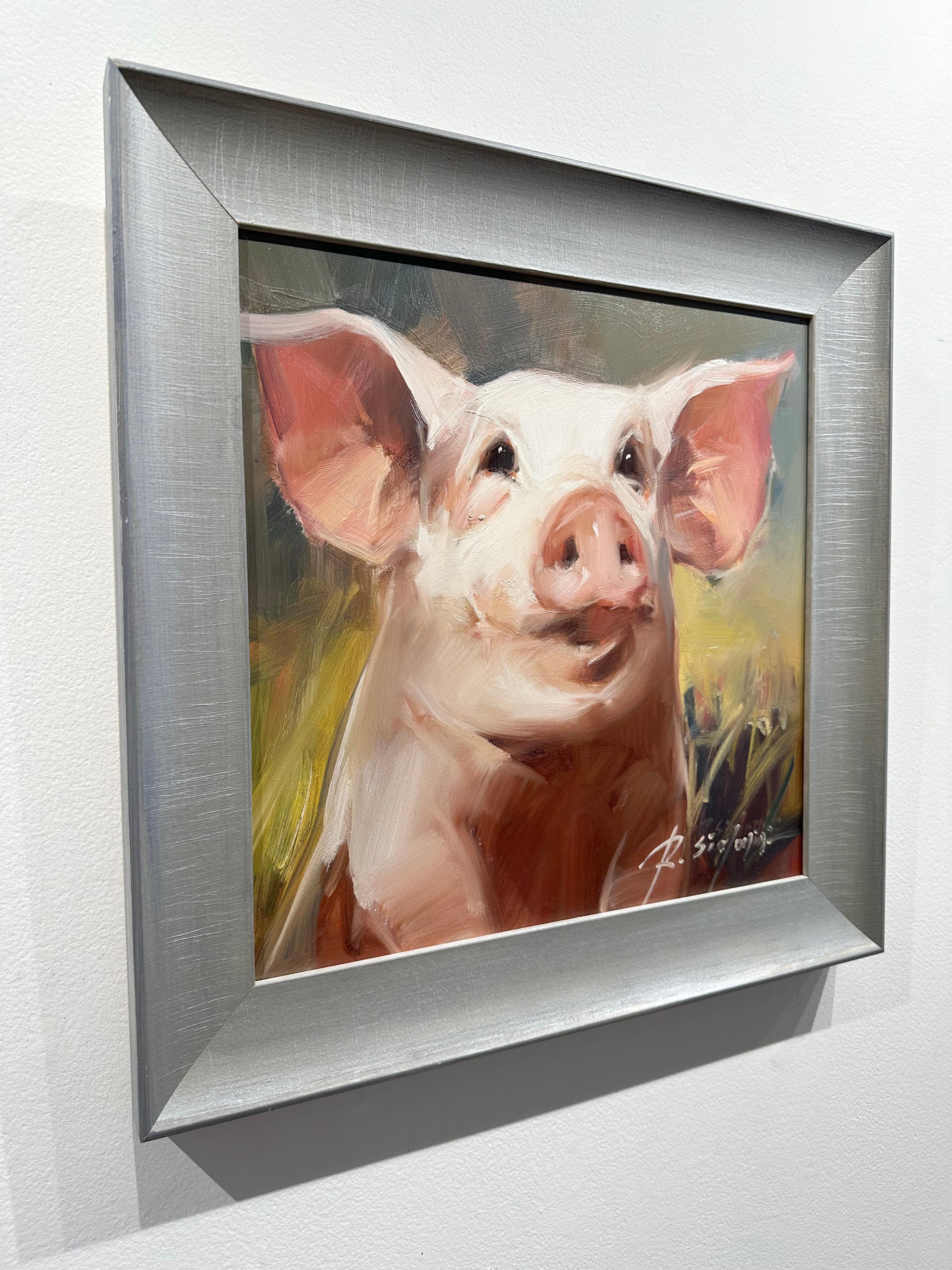 Ray Simonini, „Miranda“, Ölgemälde auf Leinwand, „Miranda“, 16x16, Farm Animal Pig, geschnittenes Ölgemälde im Angebot 2