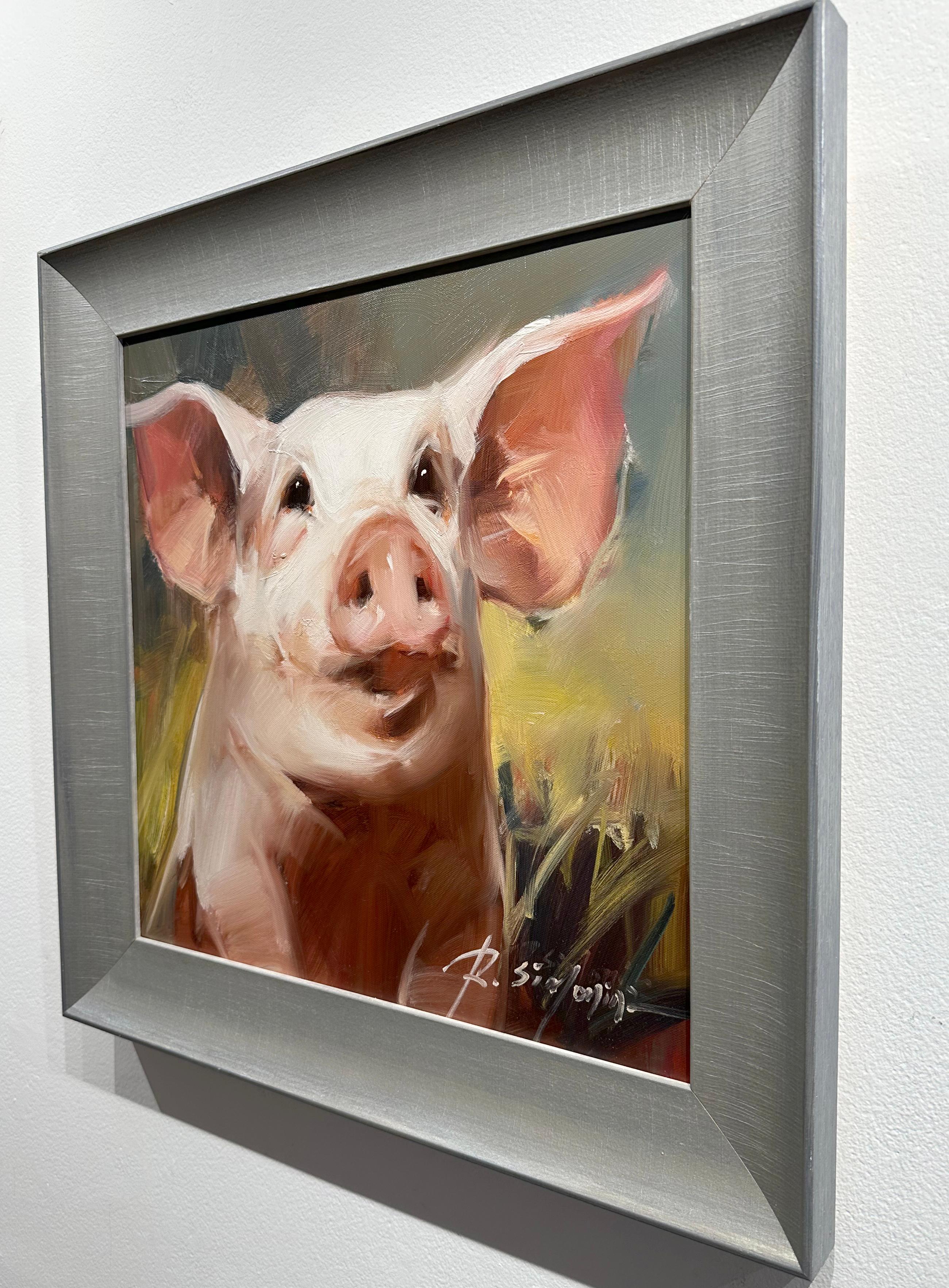 Ray Simonini, „Miranda“, Ölgemälde auf Leinwand, „Miranda“, 16x16, Farm Animal Pig, geschnittenes Ölgemälde im Angebot 3