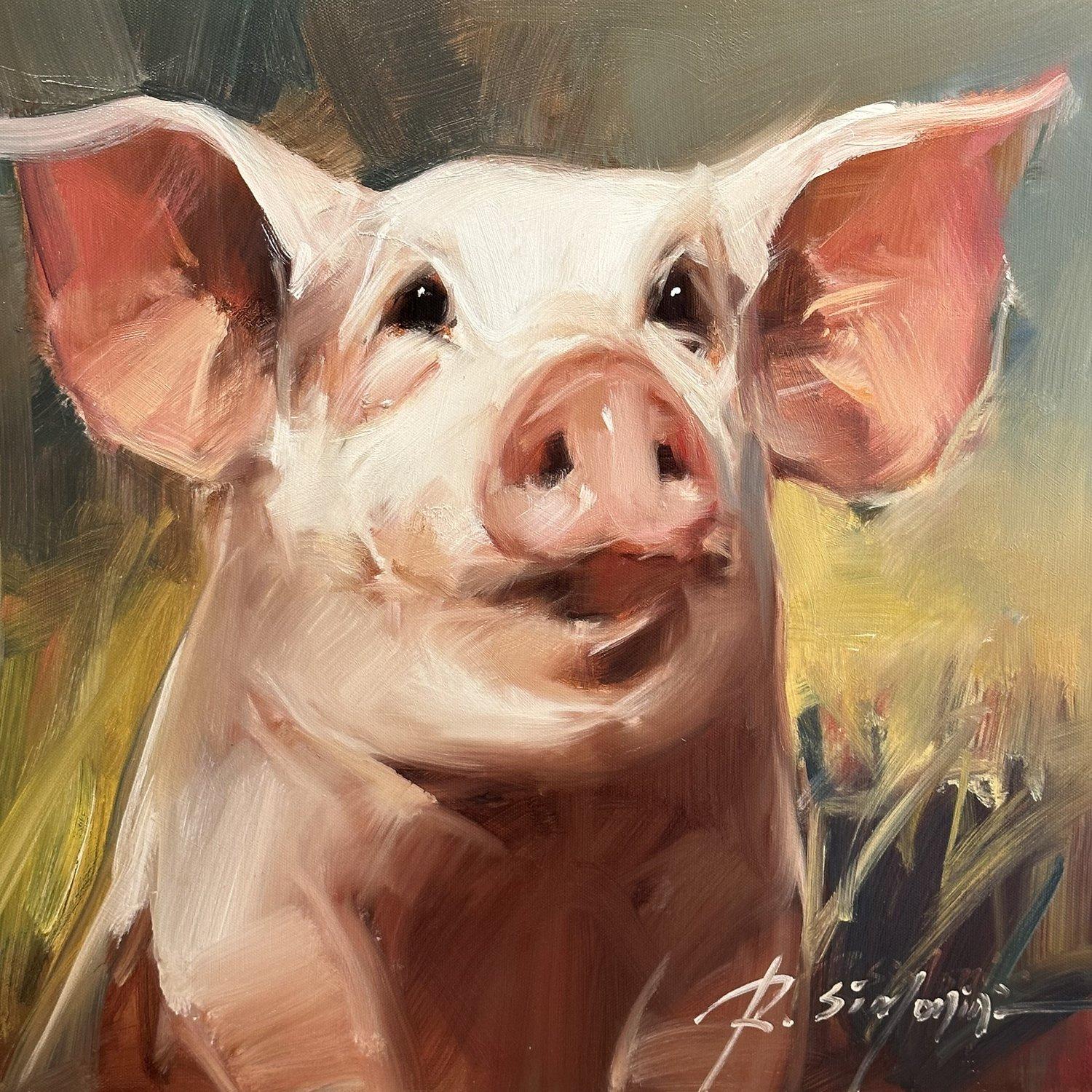 Dieses Gemälde des Künstlers Ray Simonini mit dem Titel "Miranda" ist ein 16x16 Bauernhof Tier Ölgemälde auf Leinwand mit einem Porträt von einem rosa Schwein vor einem bunten Hintergrund. 

Über den Künstler:
SIMONINI wurde 1981 in China geboren.
