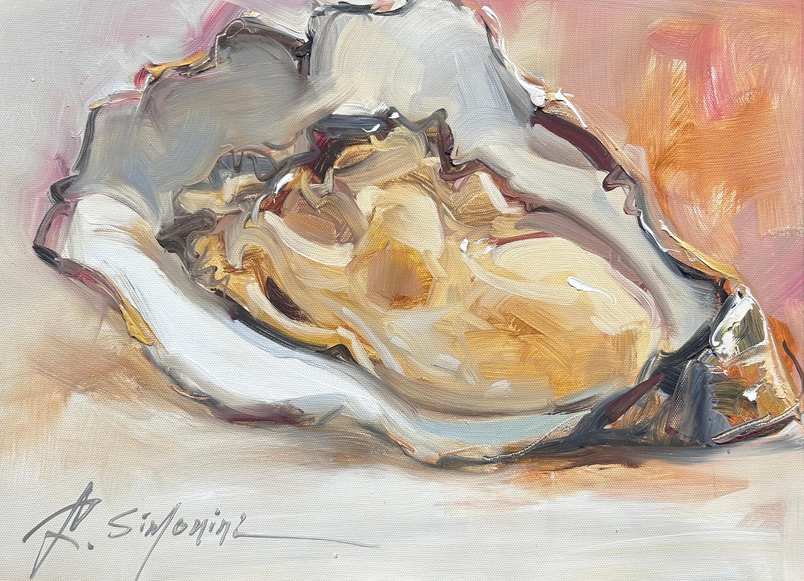 This painting by artist Ray Simonini titled "Oyster" is a 12x16 nautical oil painting on canvas featuring a close-up of an oyster shell against a colorful orange background. 

About the artist:
Simonini was born in China in 1981. He became intrigued