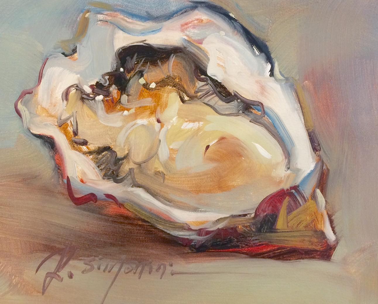 This painting by artist Ray Simonini titled "Oyster" is a 8x10 nautical oil painting on canvas featuring a close-up of an oyster shell against a colorful background. 

About the artist:
Simonini was born in China in 1981. He became intrigued by