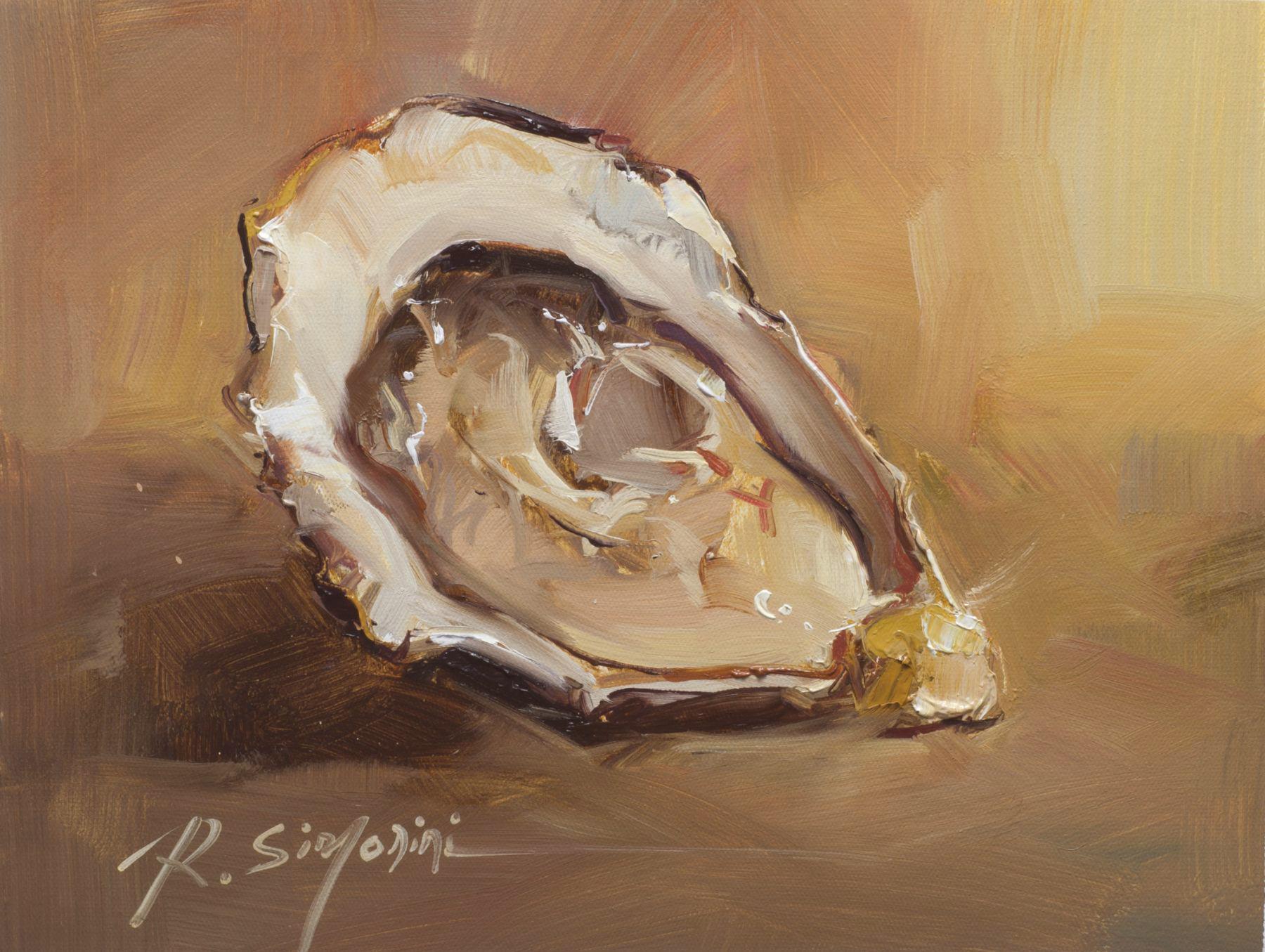 This painting by artist Ray Simonini titled "Oyster of the world" is a 12x16 nautical oil painting on canvas featuring a close-up of an oyster shell against a vibrant orange and yellow background.

About the artist:
Simonini was born in China in