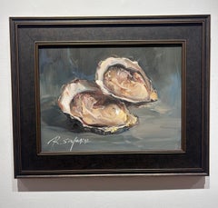 Ray Simonini, "Pair of Oysters" 12x16 Shell Impressionist Oil Painting on Canvas