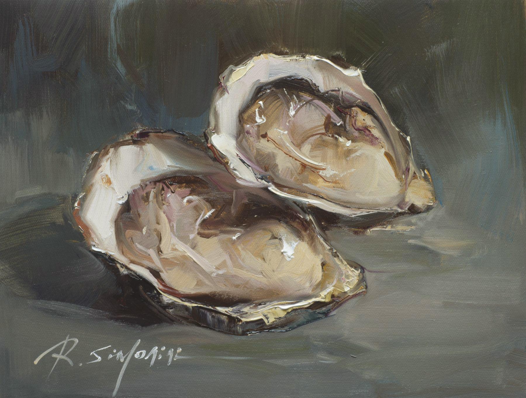 This painting by artist Ray Simonini titled " Pair of Oysters" is a 12x16 nautical oil painting on canvas featuring a close-up of two oyster shells against a deep green and blue background.

About the artist:
Simonini was born in China in 1981. He