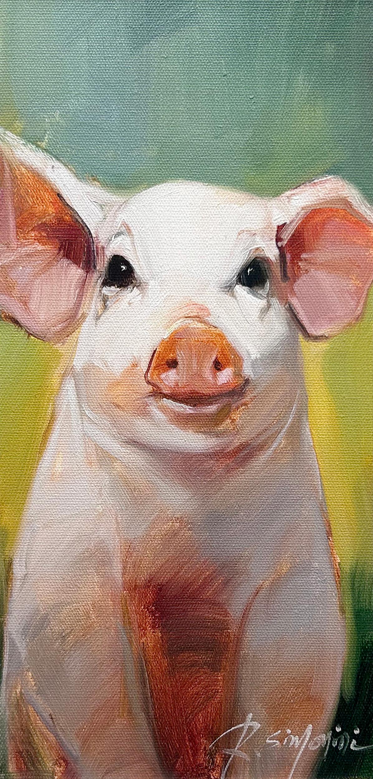 Ray Simonini, "Penny" 16x8 Impressionist Pig Farm Animal Oil Painting on Canvas