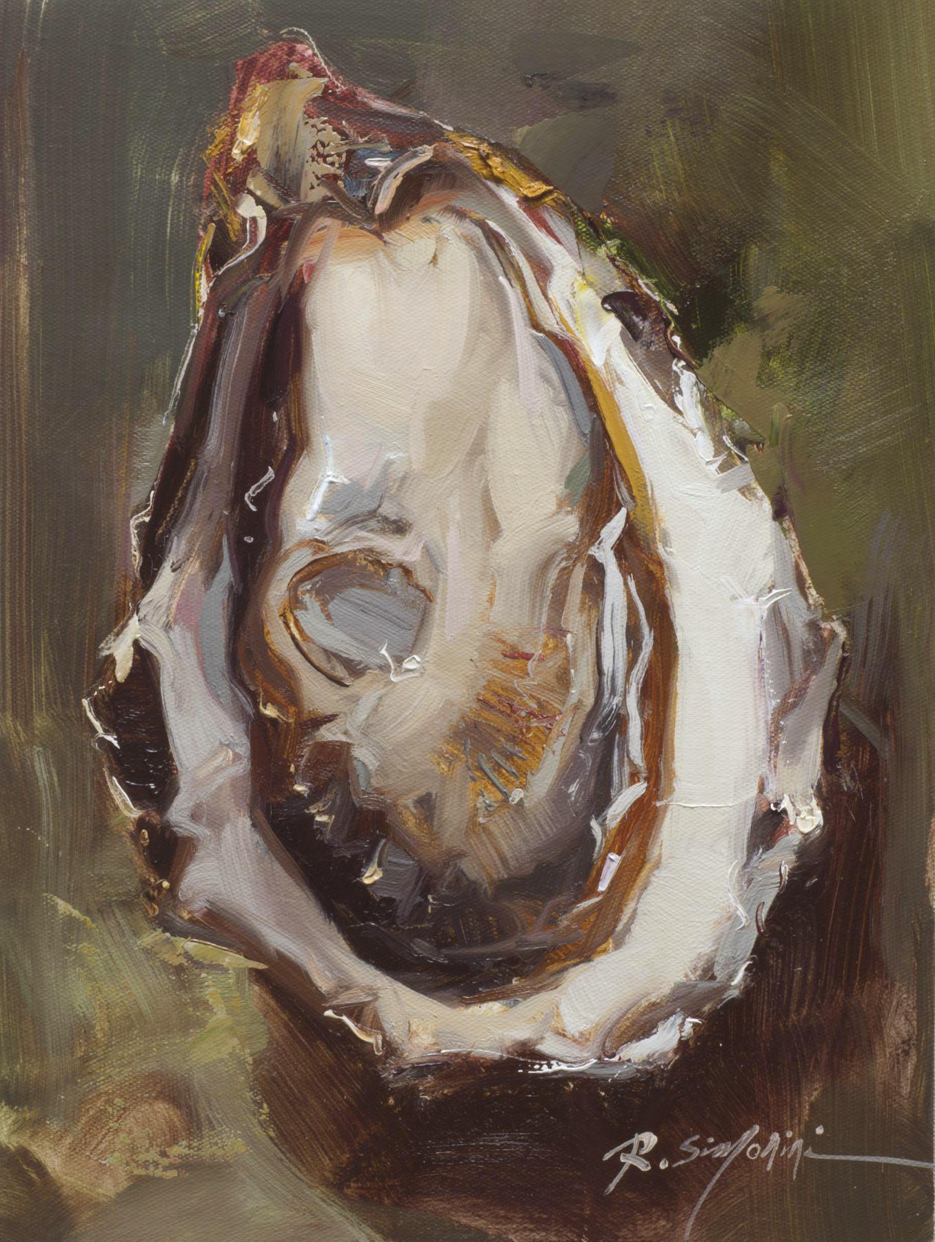 This painting by artist Ray Simonini titled " Perfect Oyster" is a 16x12 nautical oil painting on canvas featuring a close-up of an oyster shell against a deep green and brown background.

About the artist:
Simonini was born in China in 1981. He
