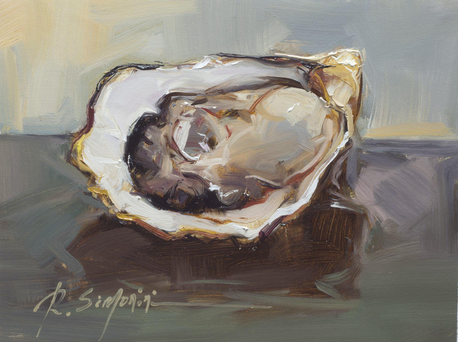 This painting by artist Ray Simonini titled "Plucked from the Ocean" is a 12x16 nautical oil painting on canvas featuring a close-up of an oyster shell against a deep green and gray background.

About the artist:
Simonini was born in China in 1981.