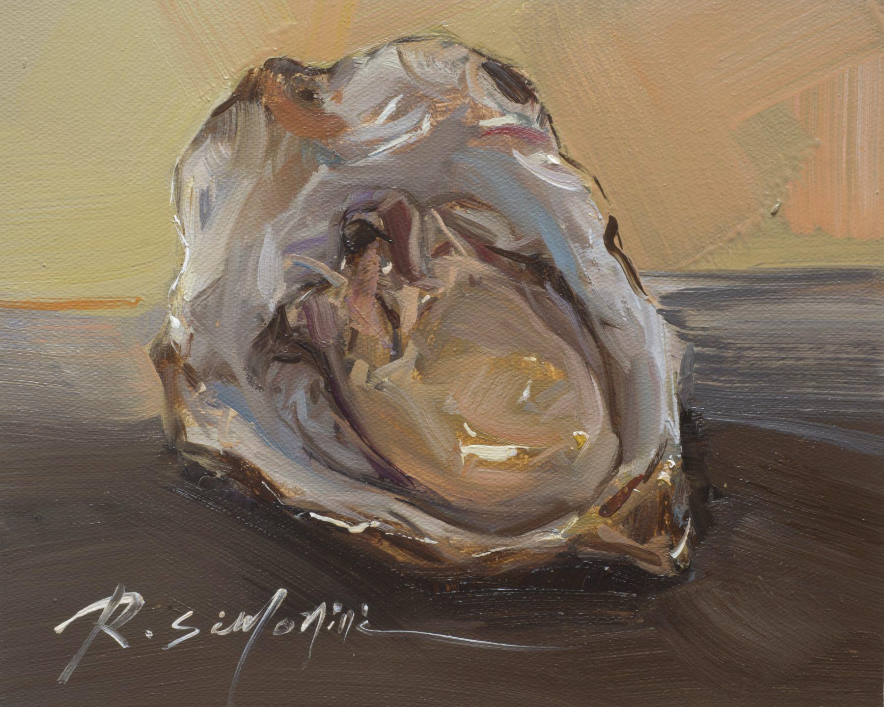This painting by artist Ray Simonini titled "Raw" is a 8x10 nautical oil painting on canvas featuring a close-up of an oyster shell against a calm soft grey and vibrant yellow background.

About the artist:
Simonini was born in China in 1981. He