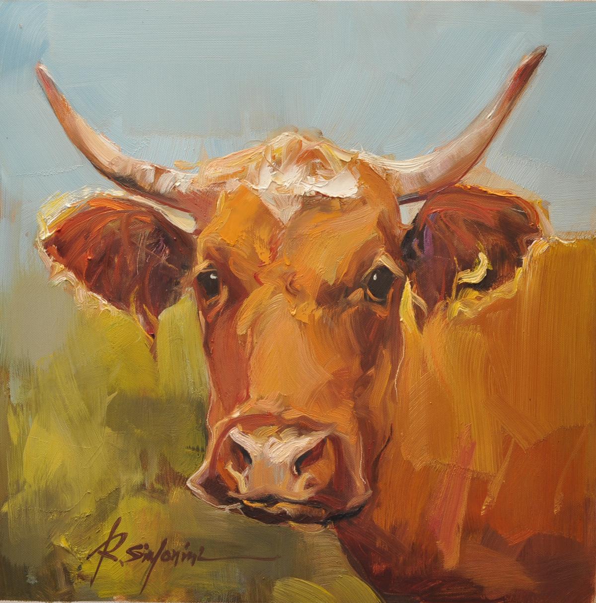 "Sampsons" è un dipinto a olio originale dell'artista Ray Simonini, originario del Vermont, che ritrae una mucca Texas Longhorn su uno sfondo astratto verde e blu. Questa razza di mucca è nota per le sue caratteristiche corna lunghe e per la sua