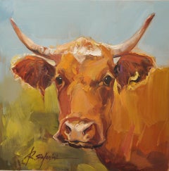 Ray Simonini "Sampson" 16x16 Brown Texas Longhorn Kuh Ölgemälde auf Leinwand