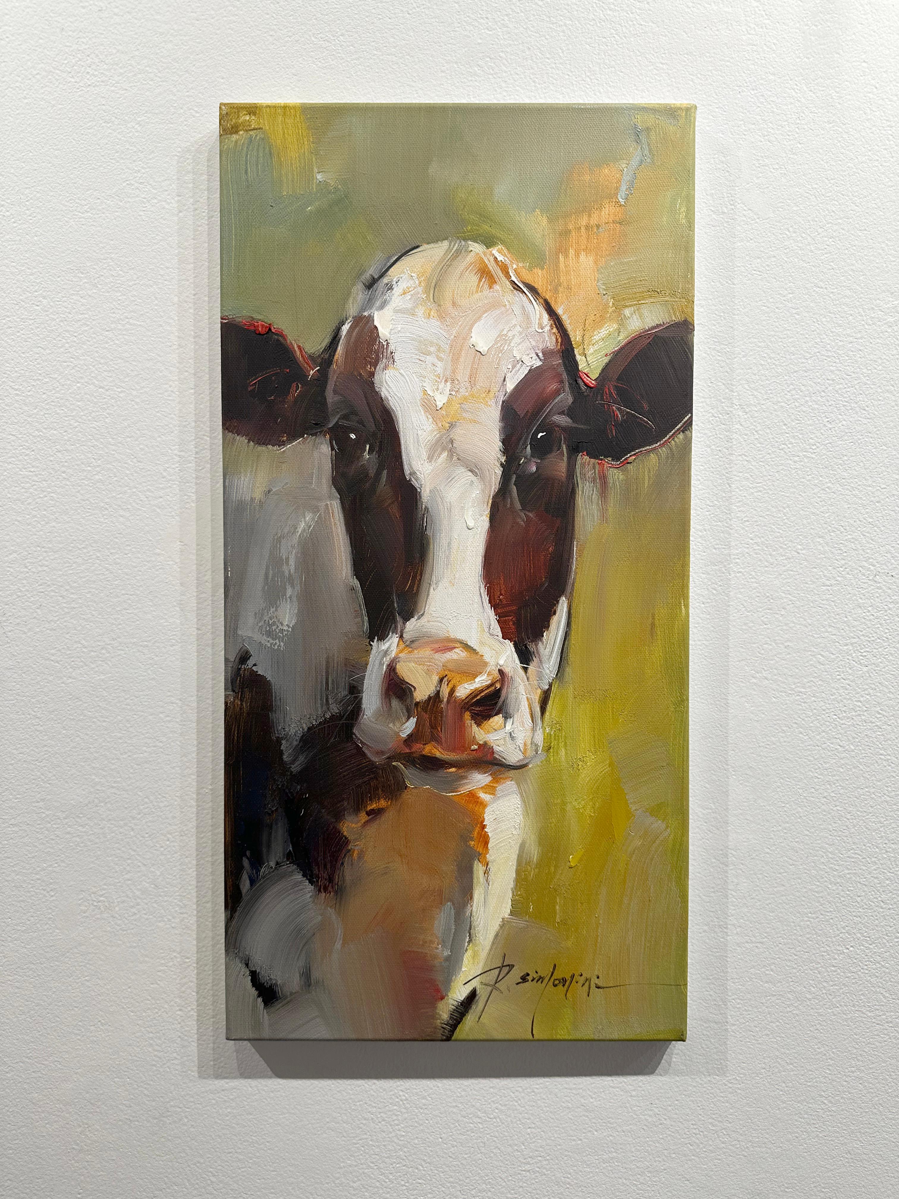 Ray Simonini, Sandy, portrait de vache impressionniste Holstein 24x12 en vente 1