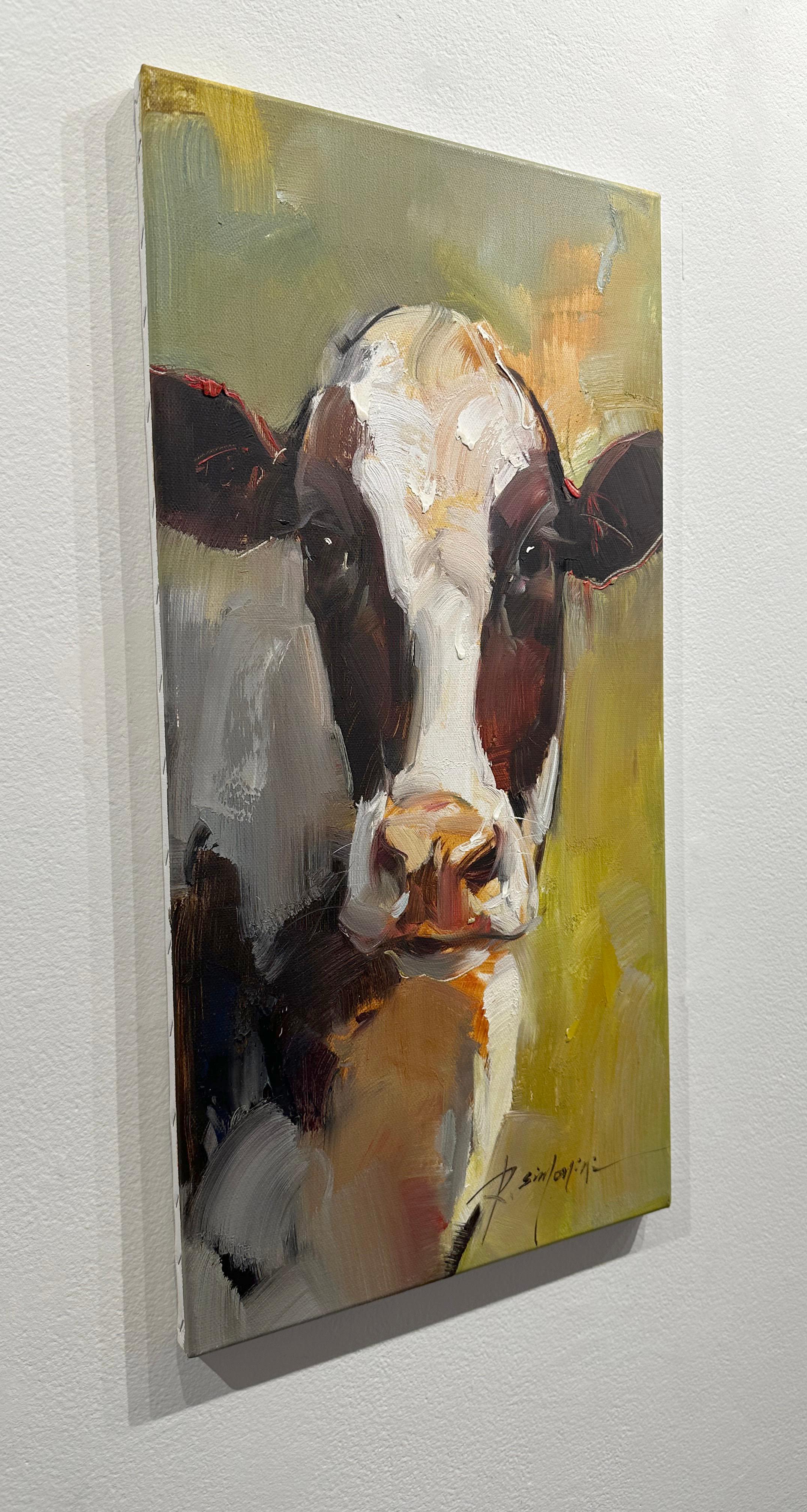 Ray Simonini, Sandy, portrait de vache impressionniste Holstein 24x12 en vente 2