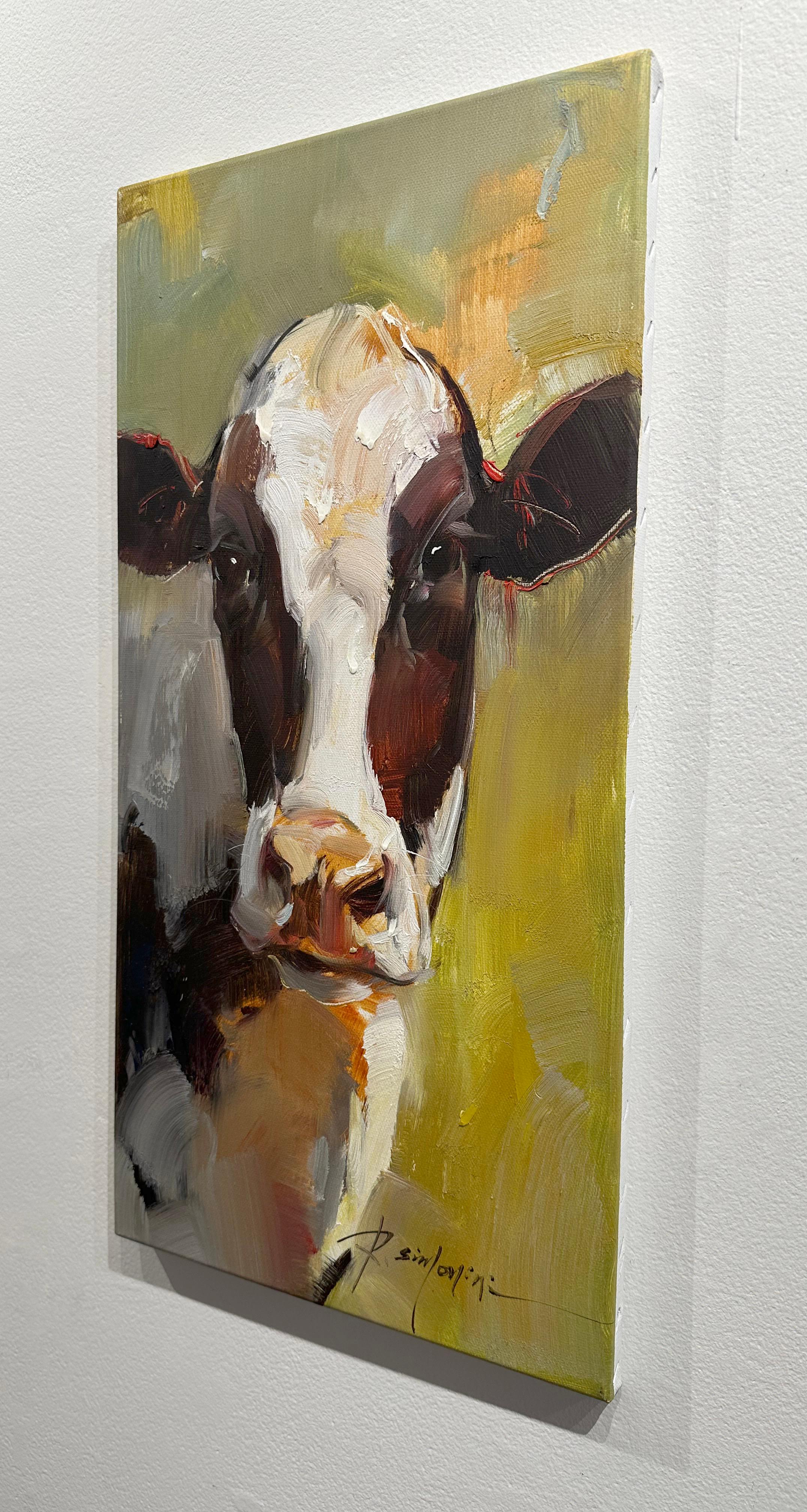 Ray Simonini, Sandy, portrait de vache impressionniste Holstein 24x12 en vente 3