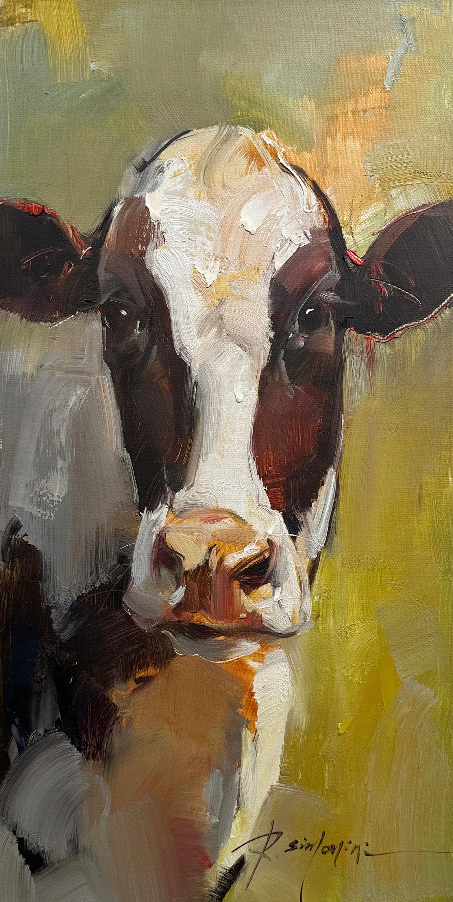 This painting by artist Ray Simonini titled "Sandy" is a 24x12 oil painting on canvas featuring a portrait of a brown and white cow standing in pose in a lush green pasture. 

About the artist:
Simonini was born in China in 1981. He became intrigued