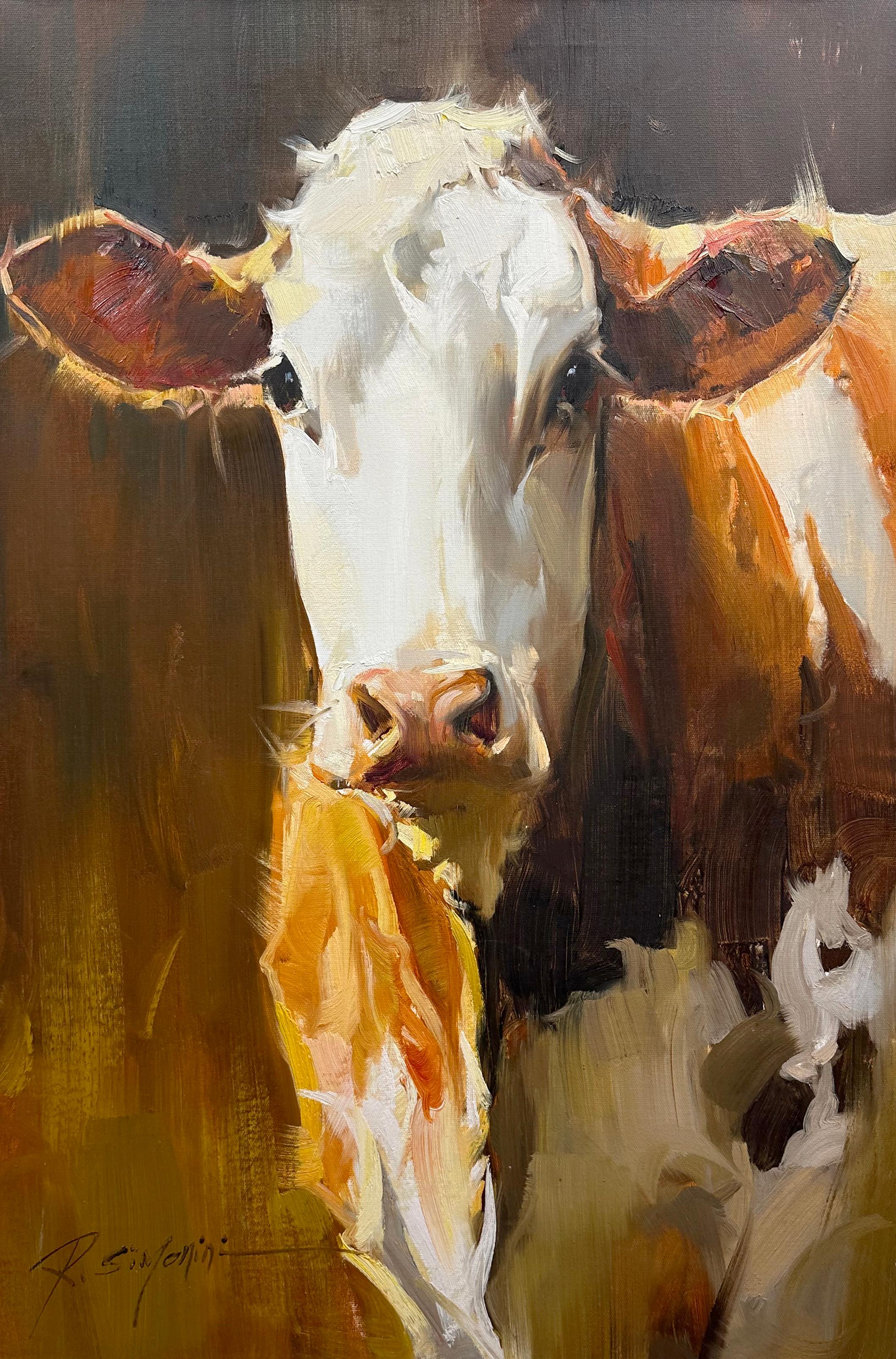 This painting by artist Ray Simonini titled "Savannah" is a 36x24 farm animal oil painting on canvas featuring a portrait of a brown and white spotted cow against a dark background. 

About the artist:
Simonini was born in China in 1981. He became