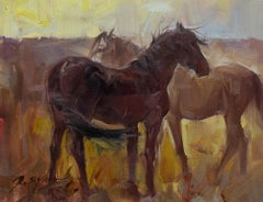 Ray Simonini, „Shared Horizon“ – 9x12, impressionistisches Ölgemälde mit Pferden und anderen Tieren auf einem Bauernhof